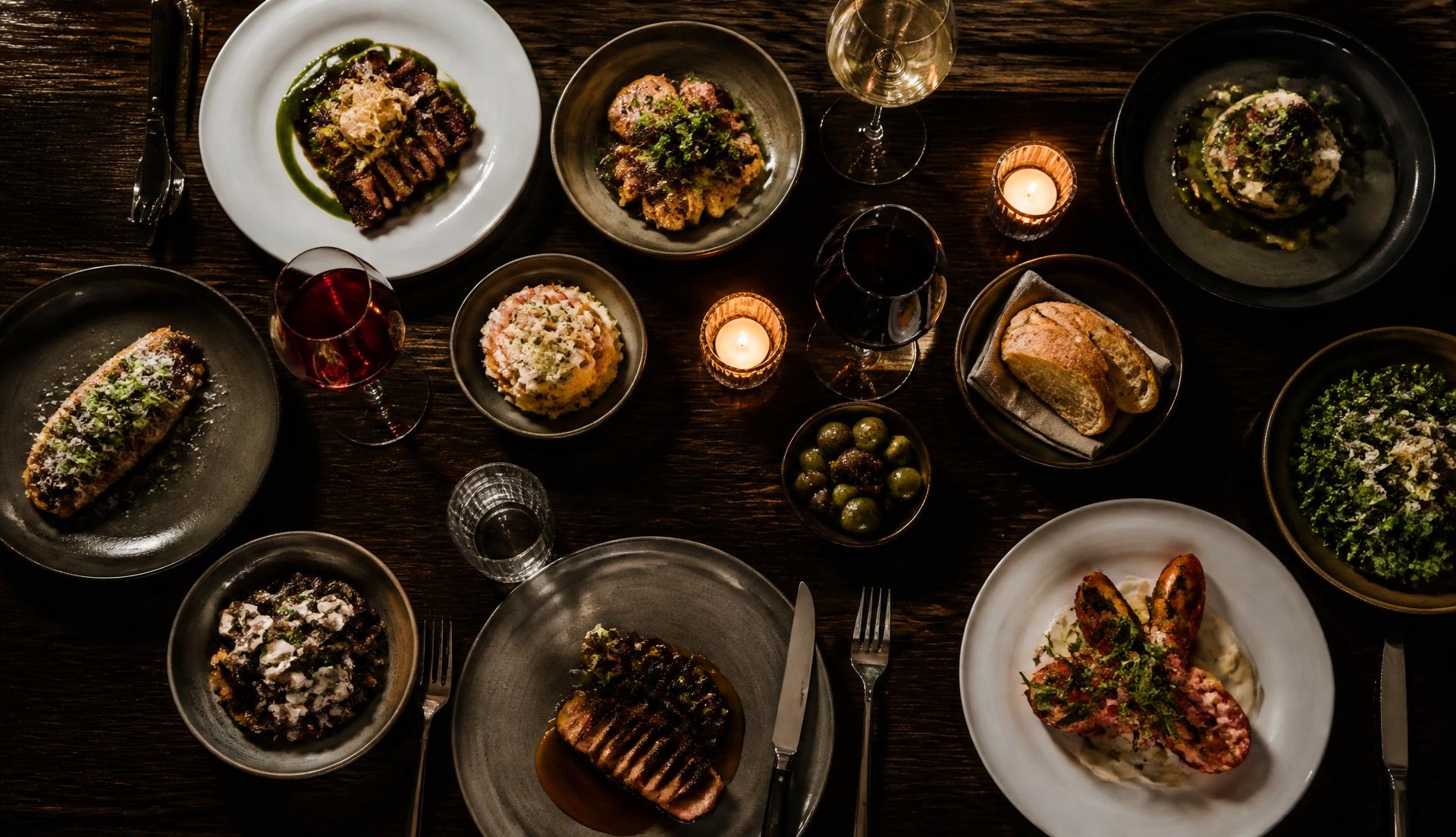 A dining table set with signature dishes